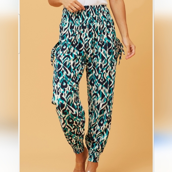 GAIA Boho Abstract Print Harem Style Pants In  Blue/green Multi. Size S/M - Picture 2 of 10